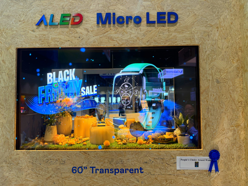 米兰·(milan)60吋高透明度Micro LED显示器获&rdquo;最佳Micro LED技术应用奖&rdquo;，将Micro LED面板透明化之设计特性极致发挥，以可扩展性无缝拼接技术打造，具备600 nits全画面亮度、大于60%穿透率及超过NTSC 110%的优异广色域表现，可依需求灵活应用于各种场域